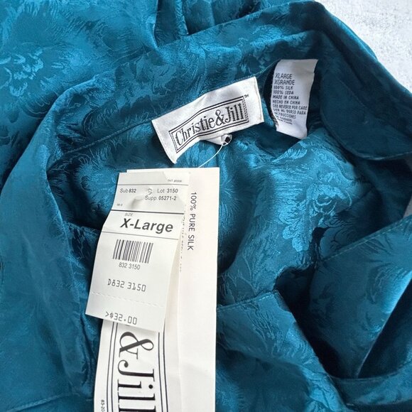 Christie & Jill Womens X-Large XL Teal Floral Jacquard Silk Button-Up Shirt New - Picture 3 of 7